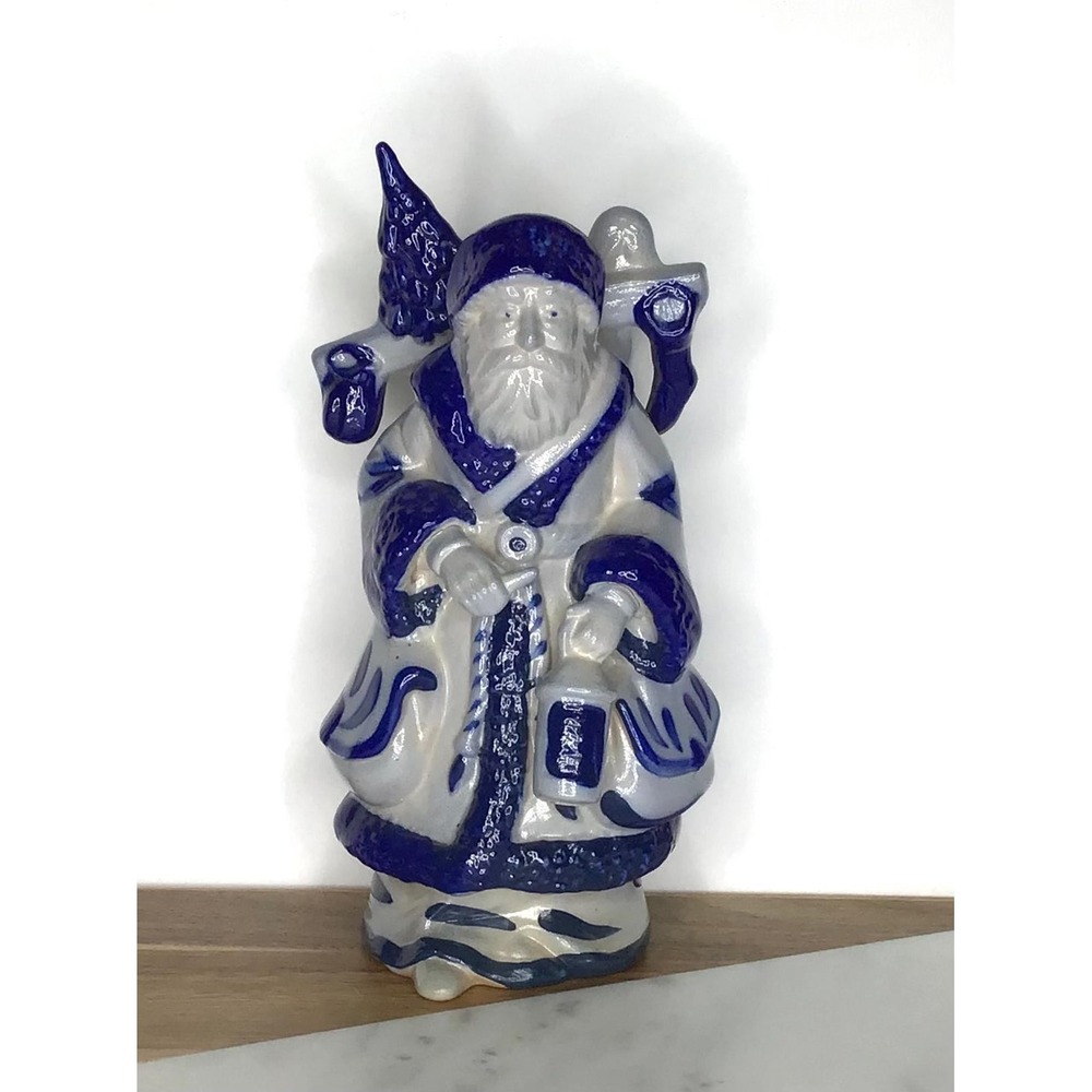 Eldreth Salt Glazed Ceramic Santa 1994 Cobalt Blue White Figurine 8.5" Folk Art
